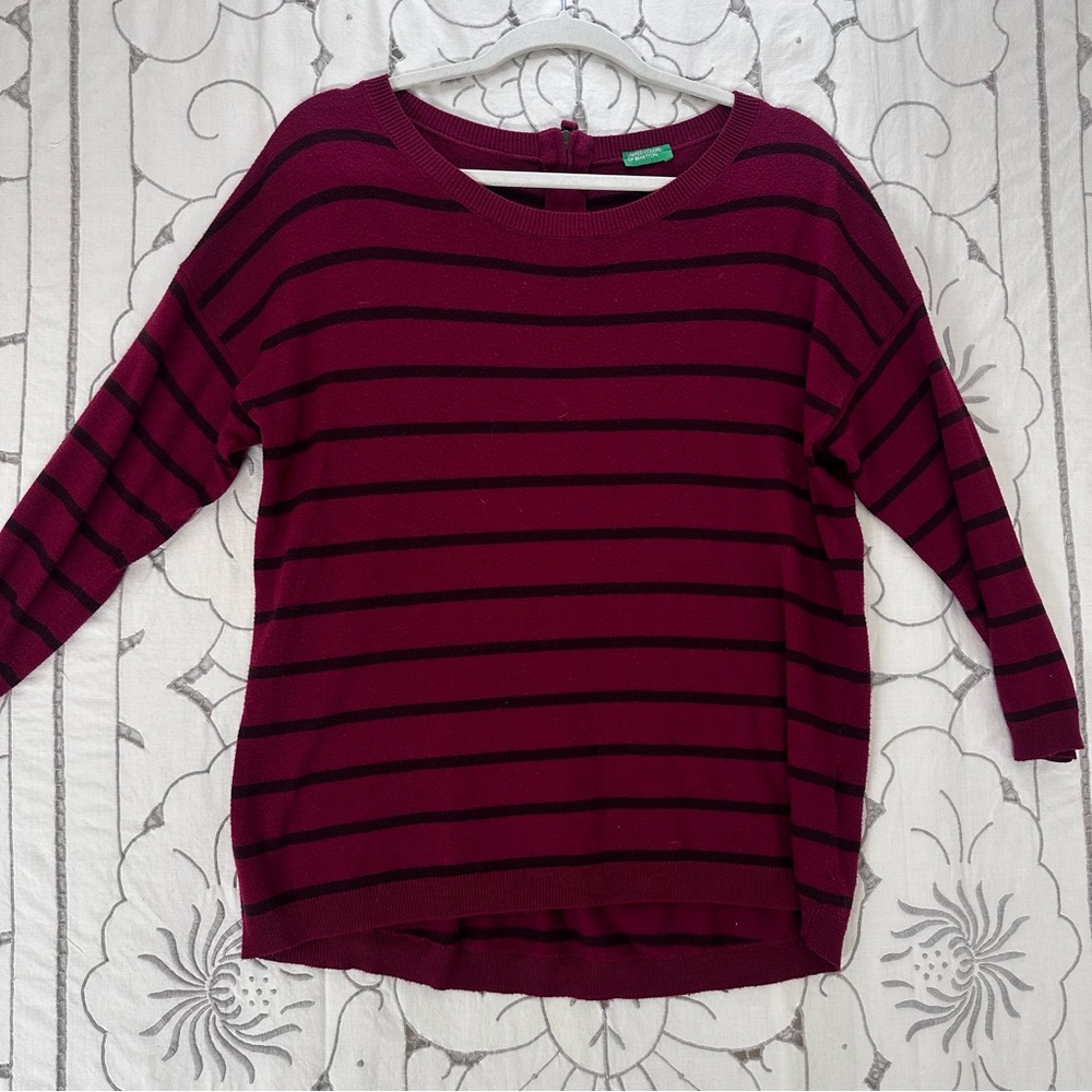 Benetton Soft Raspberry Stripe Boatneck Pullover with Back Zip – Size Medium